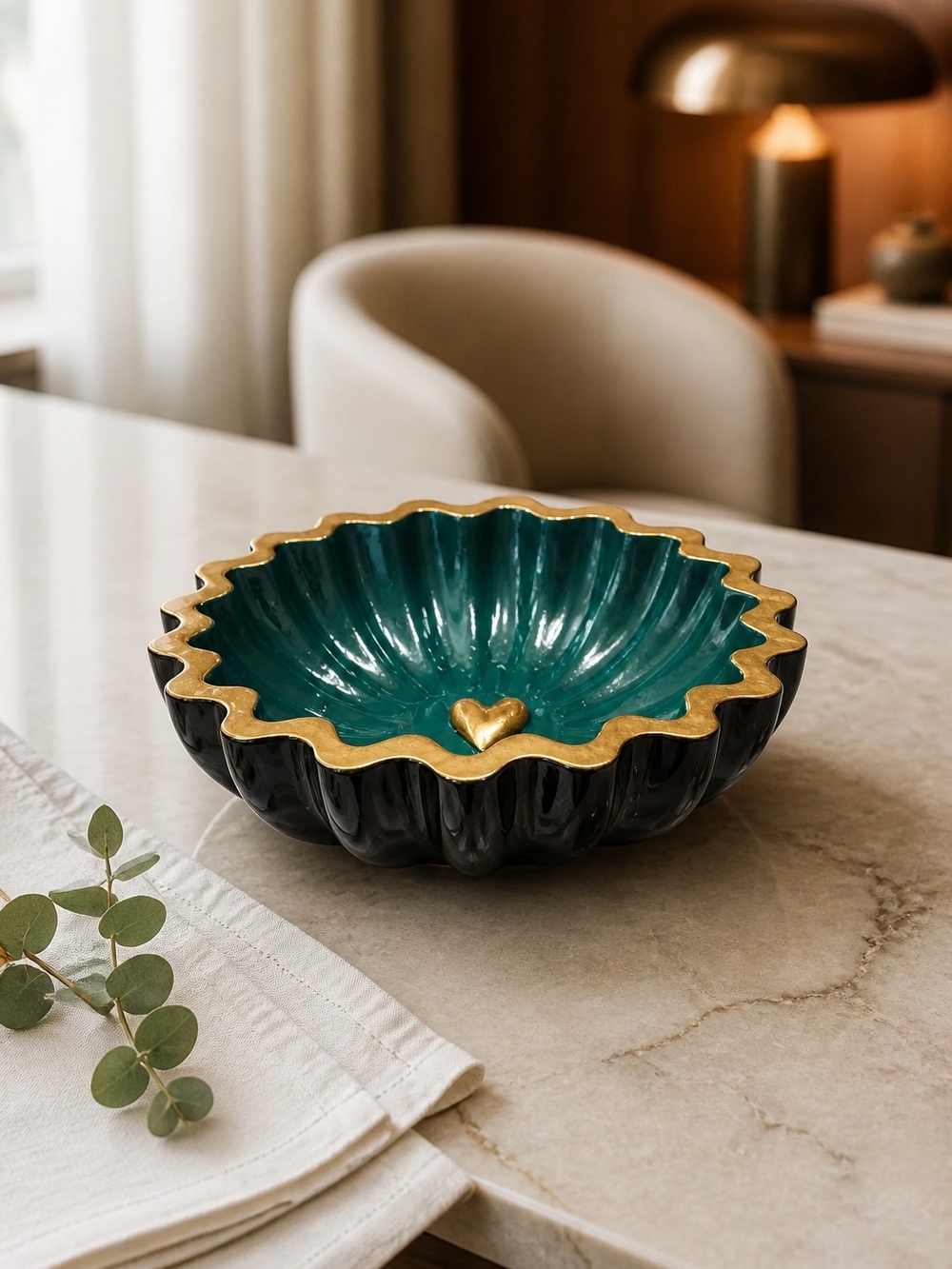 Scalloped Glam Decorative Bowl in Green with Gold Rim